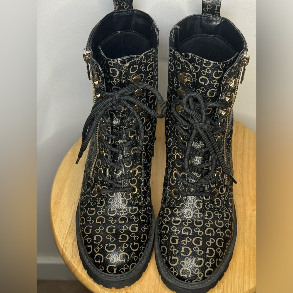 GUESS Combat Boots | Leather | Black and Gold 7.5 - Picture 2 of 7